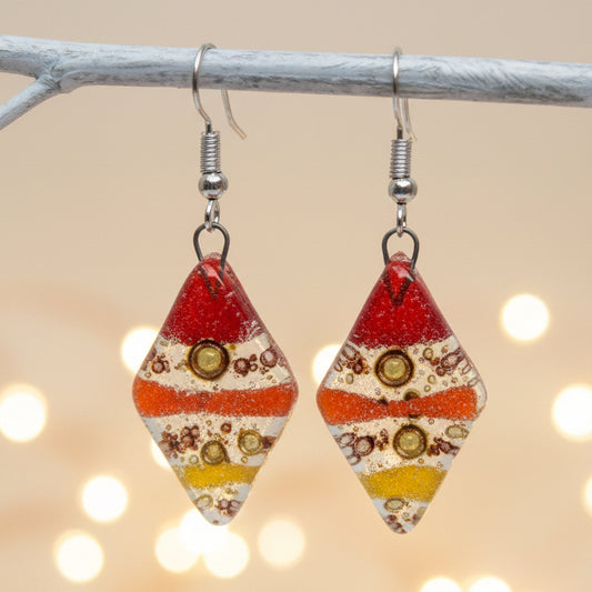 Red, Yellow and Orange Diamond Shaped Earrings. Fused glass Dangle Earrings. - Handmade Recycled Glass Jewelry 
