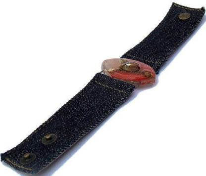 Red, pink and  Brown Fused Glass and reclaimed Demin Cuff. Vegan Bracelet. - Handmade Recycled Glass Jewelry 