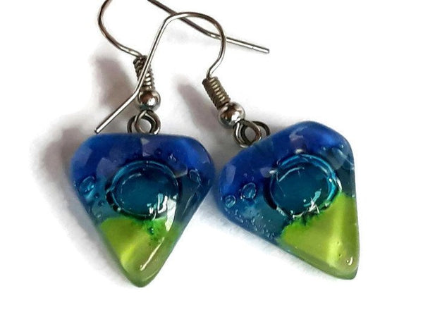 Blue, Turquoise and Green heart shape Fused Glass Drop Earrings. Recycled Glass Dangle Earrings - Handmade Recycled Glass Jewelry 