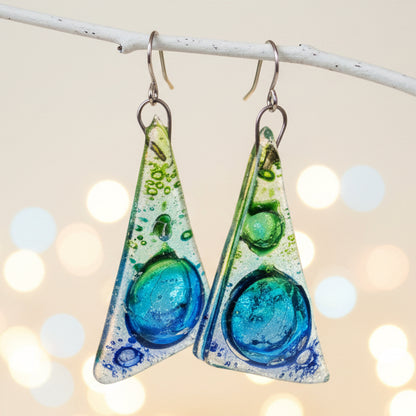 Large Glass dangle earrings. Green Turquoise and Blue, Triangles Recycled Fused Glass Earrings