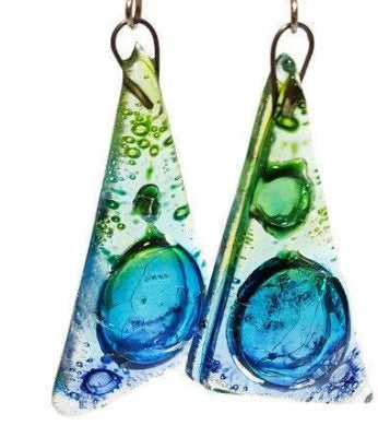 Large Glass dangle earrings. Green Turquoise and Blue, Triangles Recycled Fused Glass Earrings