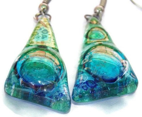 Large Glass dangle earrings. Green Turquoise and Blue, Triangles Recycled Fused Glass Earrings