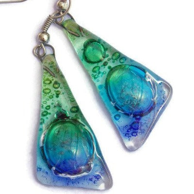 Large Glass dangle earrings. Green Turquoise and Blue, Triangles Recycled Fused Glass Earrings