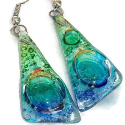 Large Glass dangle earrings. Green Turquoise and Blue, Triangles Recycled Fused Glass Earrings