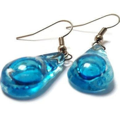 Small Aqua turquoise teardrop recycled Glass Earrings. Blue Fused Glass Earrings - Handmade Recycled Glass Jewelry 