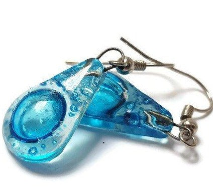 Small Aqua turquoise teardrop recycled Glass Earrings. Blue Fused Glass Earrings - Handmade Recycled Glass Jewelry 