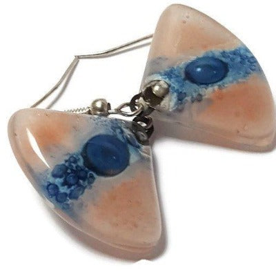 Handmade fused glass drop earrings, Pink and Blue fan shape Recycled dangle earrings.