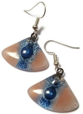 Handmade fused glass drop earrings, Pink and Blue fan shape Recycled dangle earrings.