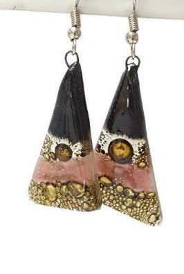 Black, Brown and Pink Triangle Earrings with Long drop Earrings. - Handmade Recycled Glass Jewelry. This is not Sea glass jewelry. Seaglass earrings, beach glass or dichroic glass. This painted Fused window Glass jewelry. Best gift under 20. long drop earrings