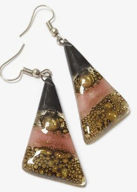 Black, Brown and Pink Triangle Earrings with Long drop Earrings. - Handmade Recycled Glass Jewelry 