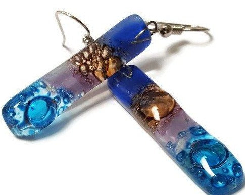 Long Earrings. Blue, turquoise, lilac and  brown Recycled Fused Glass Drop  Earrings . - Handmade Recycled Glass Jewelry 