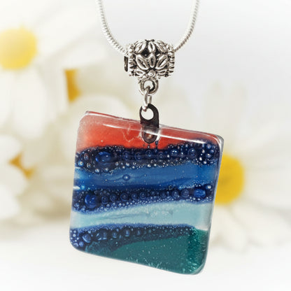 Teal, Blue and Red Fused Glass square Pendant. Recycled Glass Handmade Glass Bead. Handmade necklace - Handmade Recycled Glass Jewelry 