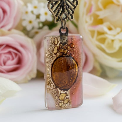 Butterfly pink recycled glass long necklace. Handmade fused glass pendant - Handmade Recycled Glass Jewelry 