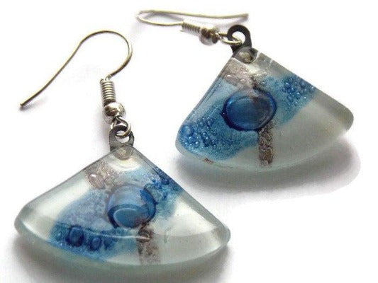 Fan Shaped White Blue and a purply color Recycled Glass Drop Earrings. Dangle Earrings - Handmade Recycled Glass Jewelry 