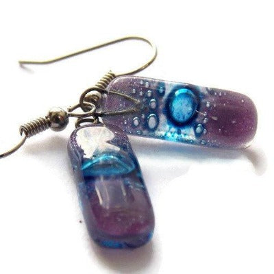Small Rectangular Lilac and blue recycled Glass Earrings. Fused Glass Jewelry - Handmade Recycled Glass Jewelry 