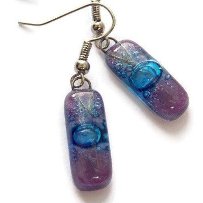 Small Rectangular Lilac and blue recycled Glass Earrings. Fused Glass Jewelry - Handmade Recycled Glass Jewelry 