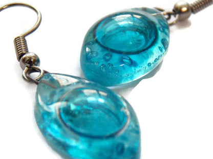 Blue Drop Earrings. Leaf Shaped Turquoise dangle earrings, Recycled Glass. Aqua earrings. - Handmade Recycled Glass Jewelry 