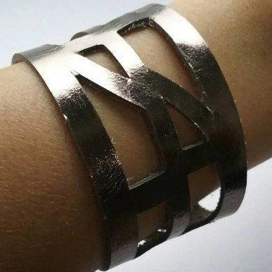 Silver Metallic Reclaimed Leather Cuff Bracelet. Leather wrist Band - Handmade Recycled Glass Jewelry 