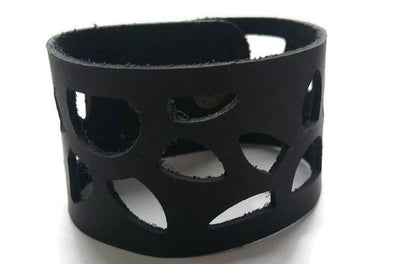 Sunflower Leather Band. Reclaimed Leather Wrist Cuff. Black  Bracelet - Handmade Recycled Glass Jewelry 