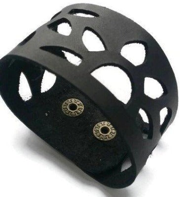 Sunflower Leather Band. Reclaimed Leather Wrist Cuff. Black  Bracelet - Handmade Recycled Glass Jewelry 