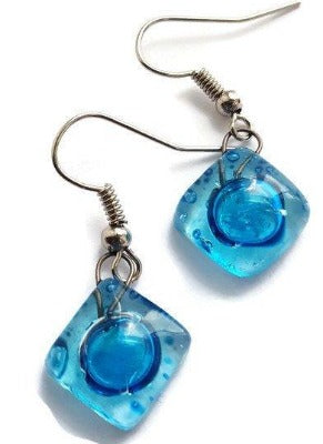 Small  fused glass earrings. Drop earrings. Handmade Dangling earrings. Recycled Glass Aqua Earrings. - Handmade Recycled Glass Jewelry 