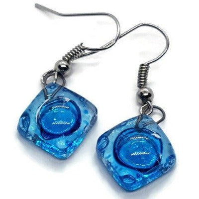 Small  fused glass earrings. Drop earrings. Handmade Dangling earrings. Recycled Glass Aqua Earrings. - Handmade Recycled Glass Jewelry 
