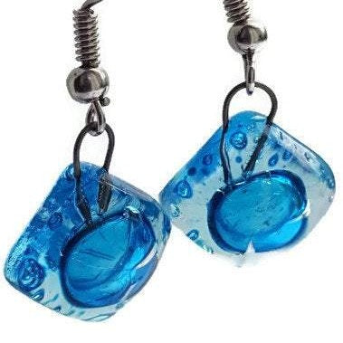 Small Turquoise fused glass earrings. Drop earrings. Handmade Dangling earrings.