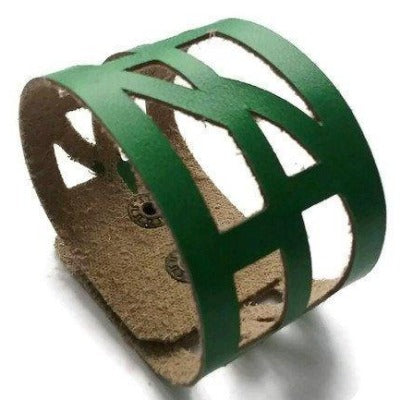 Green Leather "Self-Empowering" Wrist Band. Leather Cuff Bracelet. - Handmade Recycled Glass Jewelry 
