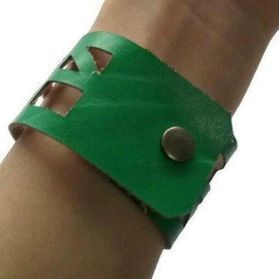 Green Leather "Self-Empowering" Wrist Band. Leather Cuff Bracelet.