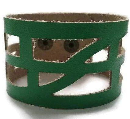 Green Leather "Self-Empowering" Wrist Band. Leather Cuff Bracelet. - Handmade Recycled Glass Jewelry 