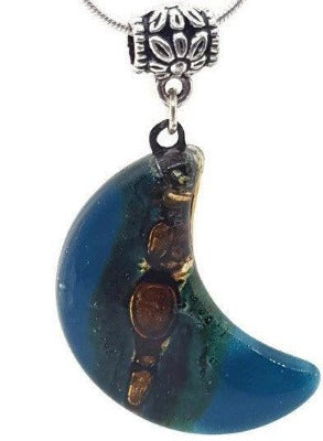 Teal and brown moon shape pendant. recycled Fused glass Necklace - Handmade Recycled Glass Jewelry 