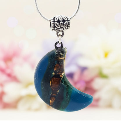 Teal and brown moon shape pendant. recycled Fused glass Necklace - Handmade Recycled Glass Jewelry 