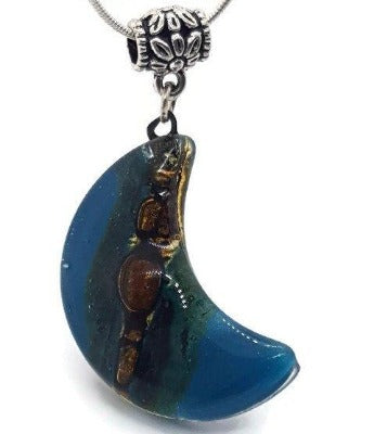 Teal and brown moon shape pendant. recycled Fused glass Necklace - Handmade Recycled Glass Jewelry 