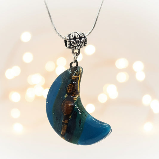 Teal and brown moon shape pendant. recycled Fused glass Necklace - Handmade Recycled Glass Jewelry 