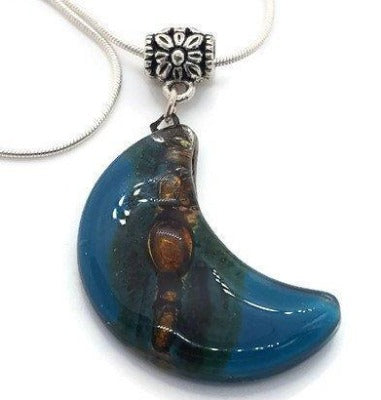 Teal and brown moon shape pendant. recycled Fused glass Necklace - Handmade Recycled Glass Jewelry 