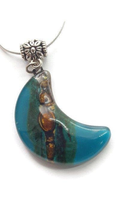 Teal and brown moon shape pendant. recycled Fused glass Necklace - Handmade Recycled Glass Jewelry 