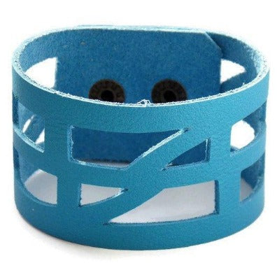 Blue Leather "Self_Empowering" Wrist band.  Reclaimed Leather Cuff Bracelet - Handmade Recycled Glass Jewelry 