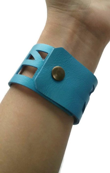 Blue Leather "Self_Empowering" Wrist band.  Reclaimed Leather Cuff Bracelet - Handmade Recycled Glass Jewelry 