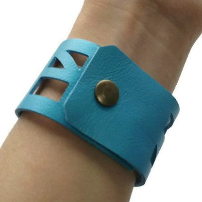 Blue Leather "Self_Empowering" Wrist band.  Reclaimed Leather Cuff Bracelet - Handmade Recycled Glass Jewelry 