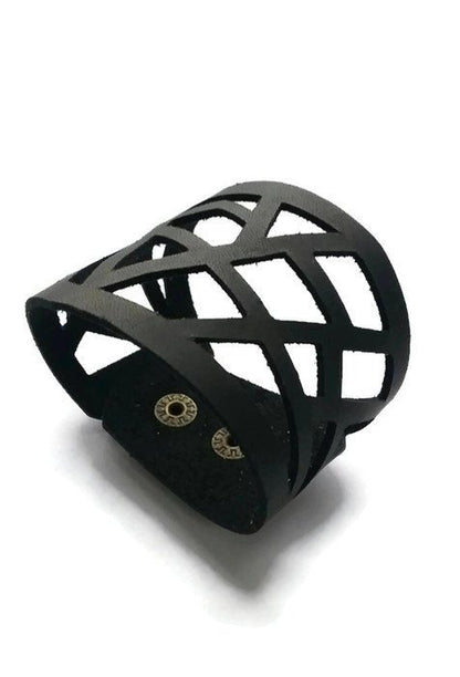 Black Leather Cuff.  Reclaimed Leather Bracelet. Black Barcelona Bracelet. Leather cuff bracelet - Handmade Recycled Glass Jewelry 