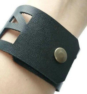 Black Leather bracelet. The Good vibes Leather Wrist Band. Reclaimed Leather cuff bracelet - Handmade Recycled Glass Jewelry 