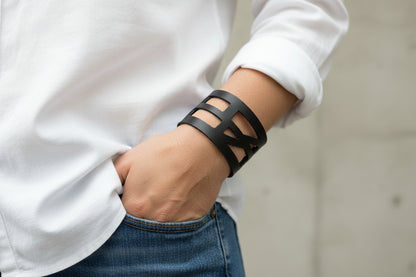 Black Leather bracelet. The Good vibes Leather Wrist Band. Reclaimed Leather cuff bracelet - Handmade Recycled Glass Jewelry 