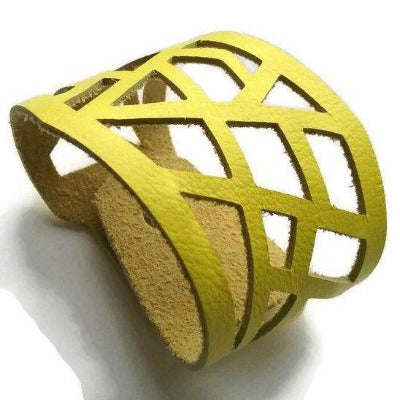 Yellow Barcelona Leather Cuff. Reclaimed Leather bracelet. Handcut in a Laser cutting style... - Handmade Recycled Glass Jewelry 