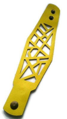 Yellow Barcelona Leather Cuff. Reclaimed Leather bracelet. Handcut in a Laser cutting style... - Handmade Recycled Glass Jewelry 