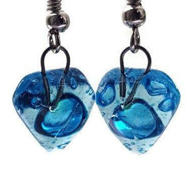 Small heart shapped blue fused glass drop Earrings. Turquoise Recycles Glass dangle Earrings. - Handmade Recycled Glass Jewelry 