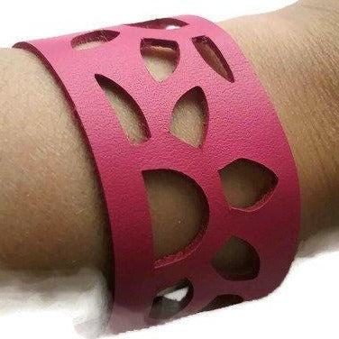 Pink Sunflower Wrist Band. Reclaimed Fucsia  Leather Cuff Bracelet