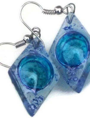Glass Earrings Blue Diamond Shaped Earrings Recycled fused glass Earrings