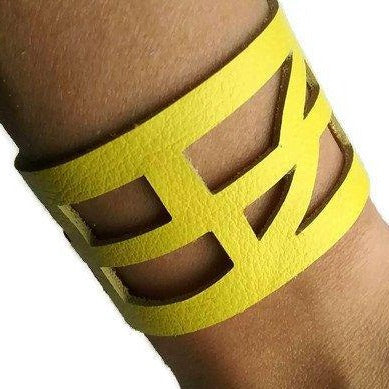 Yellow Reclaimed Leather wrist Cuff. Self Empowering Leather Bracelet. Leather band - Handmade Recycled Glass Jewelry 