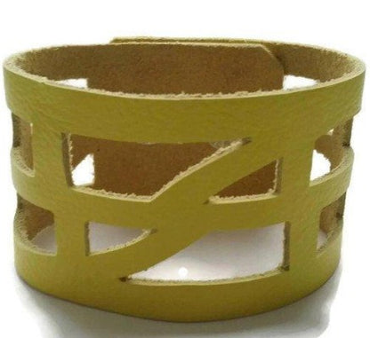 Yellow Reclaimed Leather wrist Cuff. Self Empowering Leather Bracelet. Leather band - Handmade Recycled Glass Jewelry 