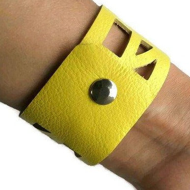 Yellow Reclaimed Leather wrist Cuff. Self Empowering Leather Bracelet. Leather band - Handmade Recycled Glass Jewelry 